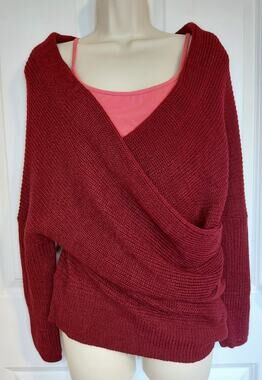 NWT Miracle Sweater Burgundy Ribbed Wrap Front Cozy Fall Pullover S/M Whimsigoth